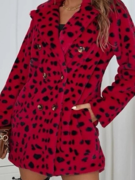 Jackets & Blazers - Women’s Red Leopard Print Faux Fur Double-Breasted Pea Coat